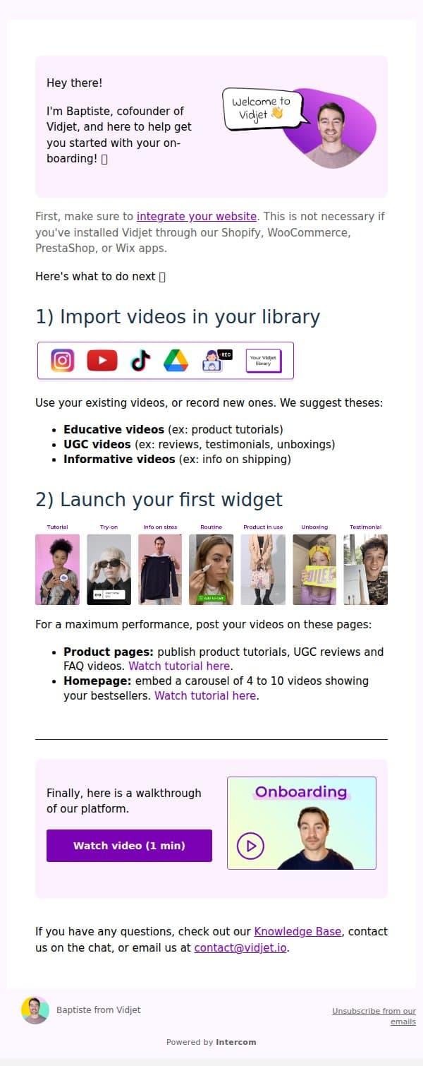 Welcome to Vidjet 👋 email from Vidjet screenshot
