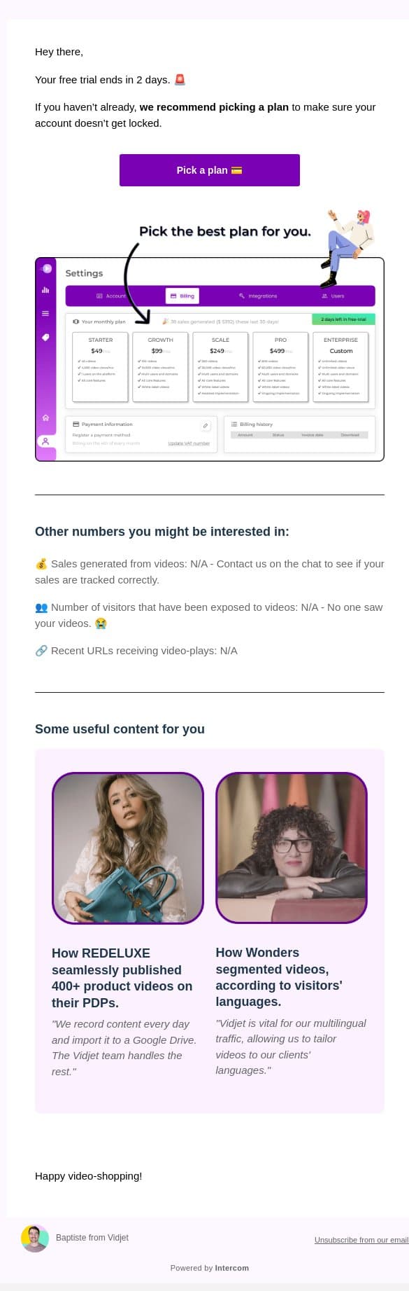 Free trial ending soon - check out your stats! 🚨 email from Vidjet screenshot