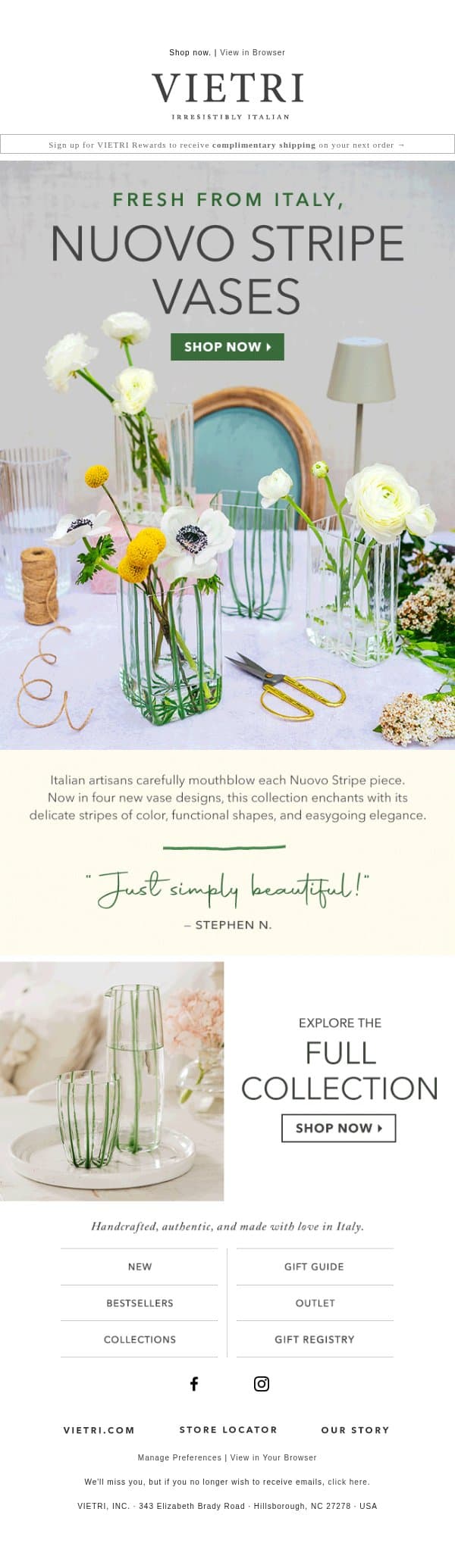 Nuovo Stripe vases are here! email from VIETRI screenshot