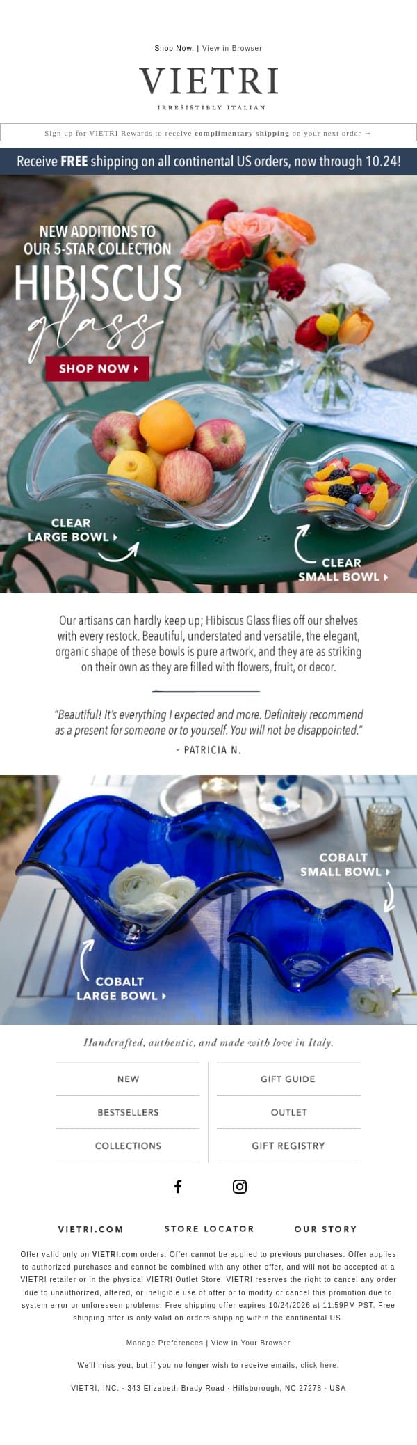 Free shipping + new arrivals! email from VIETRI screenshot