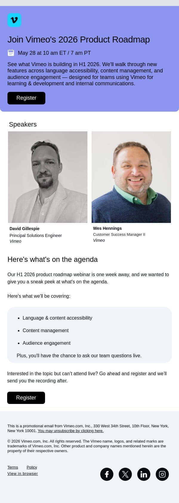 One week away: Here's what we'll cover on May 28 email from Vimeo screenshot