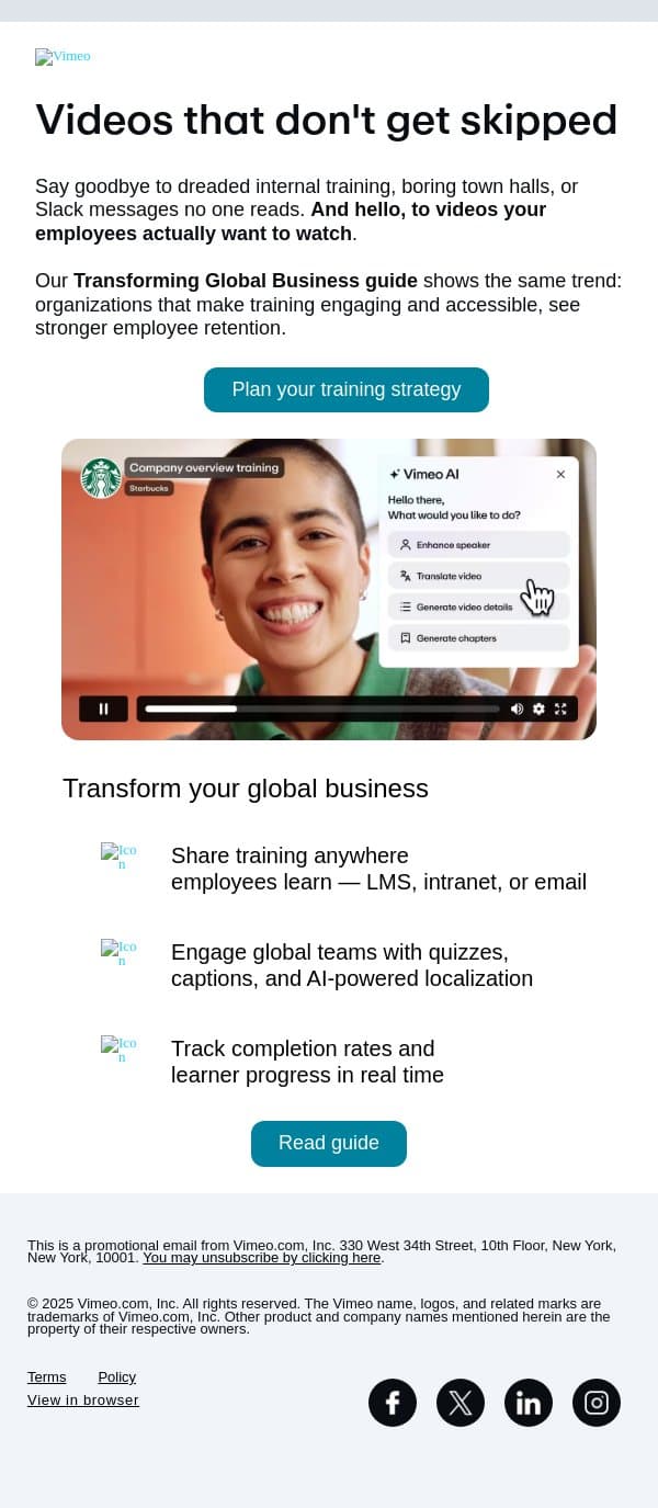 From skipped to completed. email from Vimeo screenshot