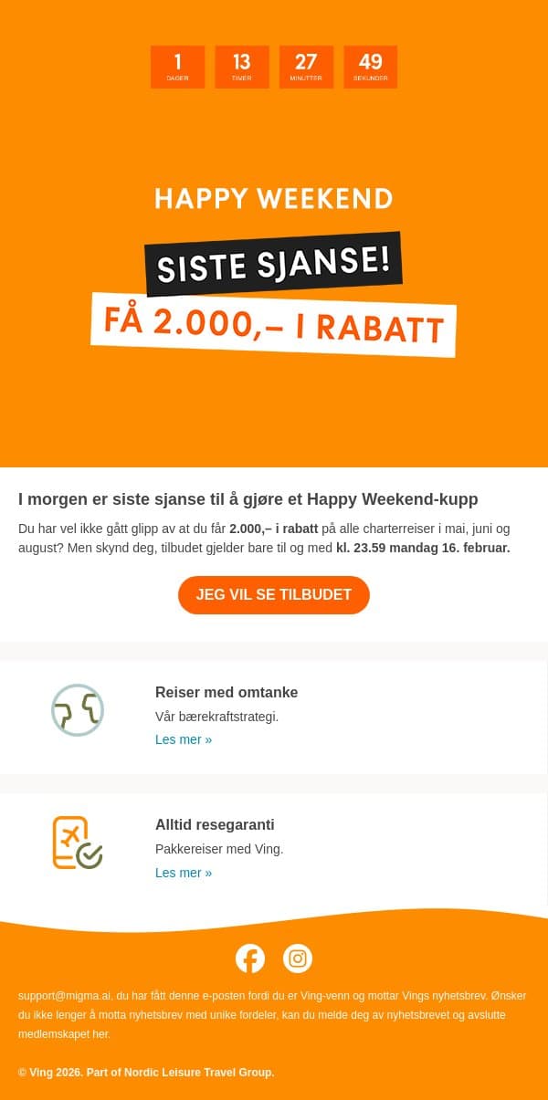 ⏳ Happy Weekend er snart over ... email from Ving screenshot