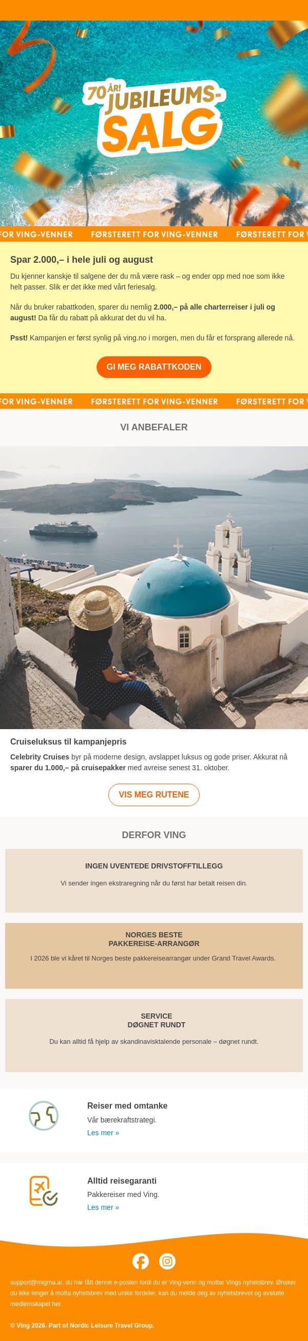 Jubileumssalg! Rabatt på ALT i juli–august 🎉 email from Ving screenshot