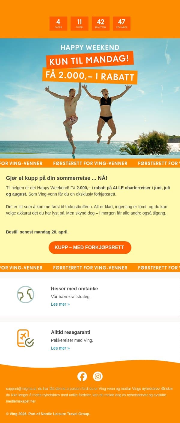 🎉Happy Weekend: 2.000,– i rabatt på sommerreiser!🎉 email from Ving screenshot