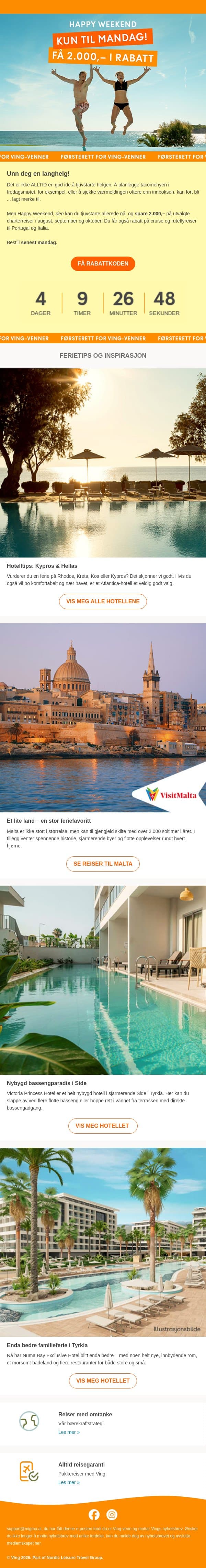 🎉 Happy Weekend: Rabatt på reiser i august–oktober! email from Ving screenshot