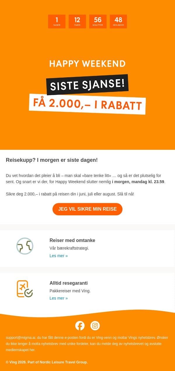 ⏳ Happy Weekend avsluttes i morgen. email from Ving screenshot