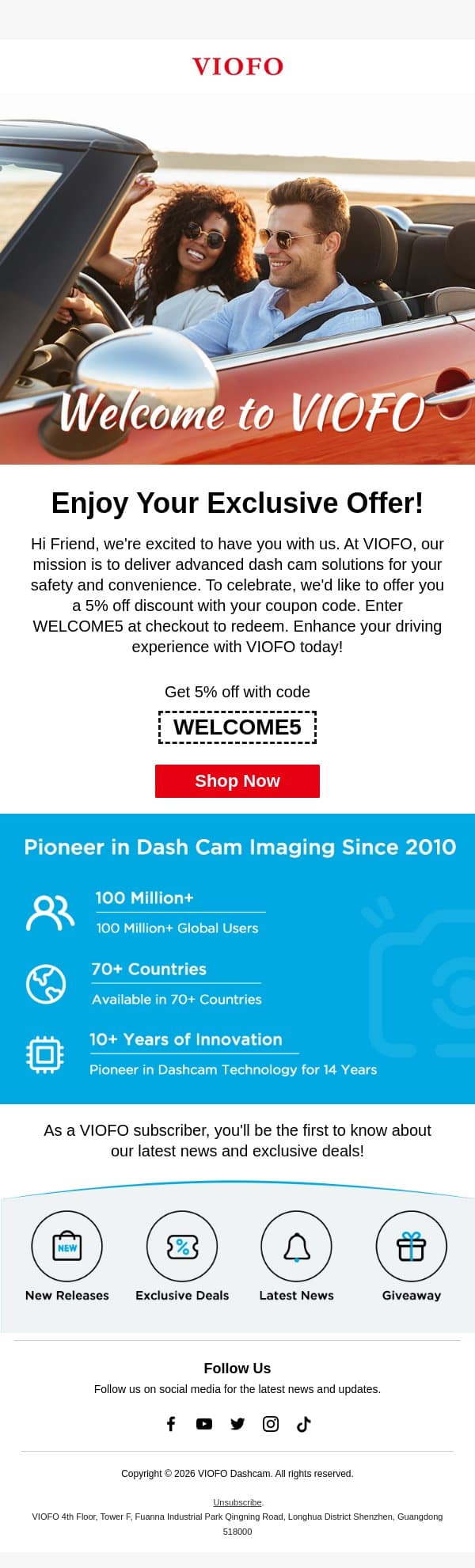 Welcome to VIOFO — here's 5% off your first order email from Viofo screenshot