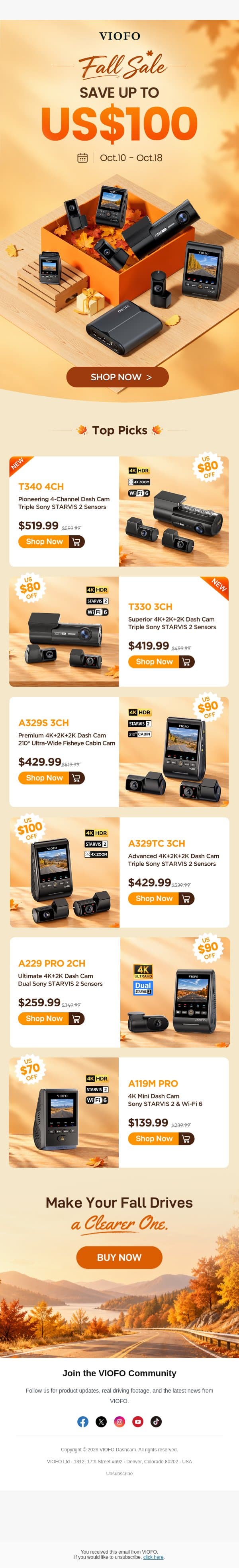 VIOFO Fall Sale Is Here — Save Up to $100! email from Viofo screenshot