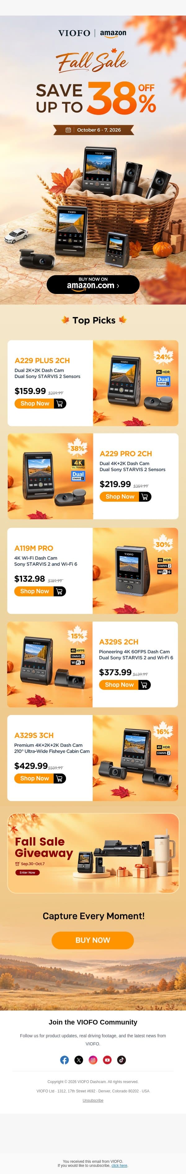 Save Up to 38% on VIOFO Dash Cams This Fall Sale! email from Viofo screenshot