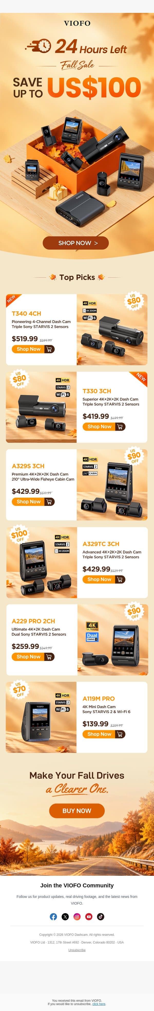 ⏰Last 24 Hours: Save Up to $100 for VIOFO Fall Sale! email from Viofo screenshot