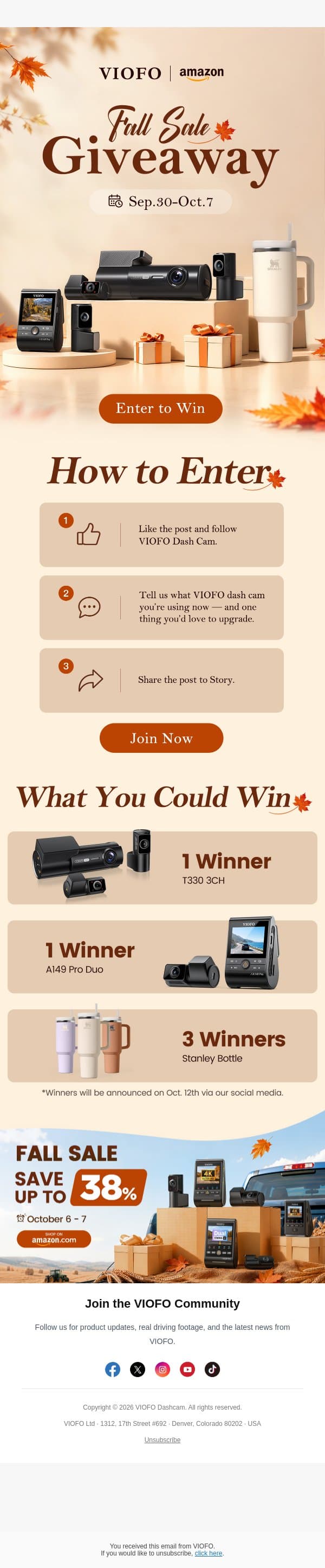 🎉 Join Our Fall Sale Giveaway Now! email from Viofo screenshot