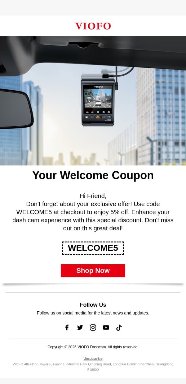 A Reminder: Your 5% Welcome Offer Is Still Available email from Viofo screenshot