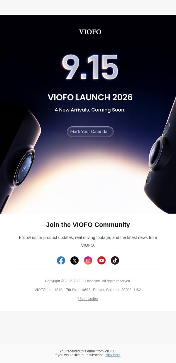 Stay Tuned for VIOFO's Biggest Launch of 2026! email from Viofo screenshot