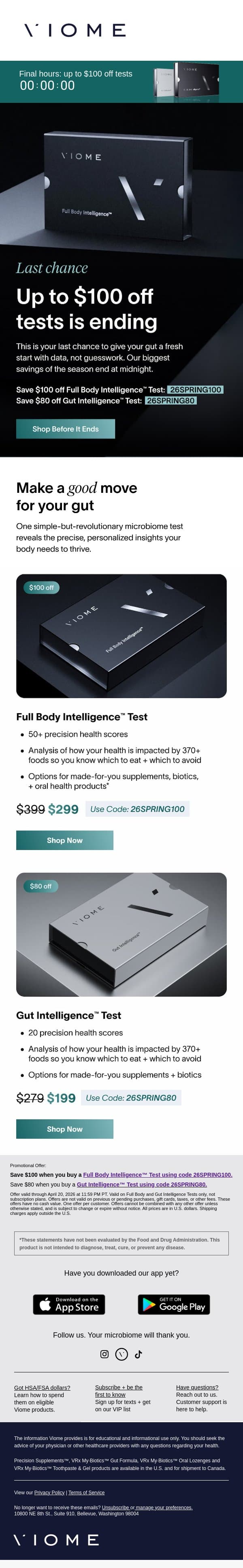 ⏰ FINAL HOURS: Up to $100 OFF Tests email from Viome screenshot
