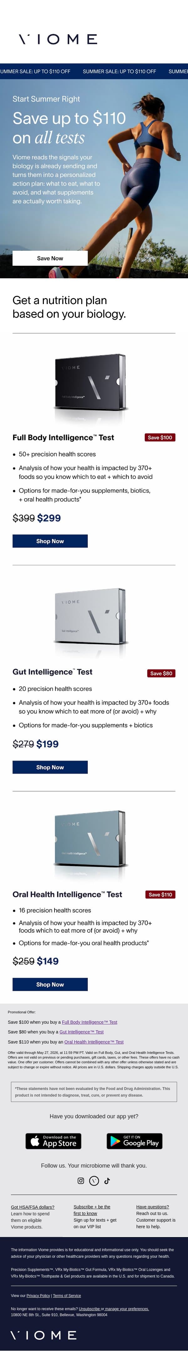 Save on the test built for YOUR biology email from Viome screenshot