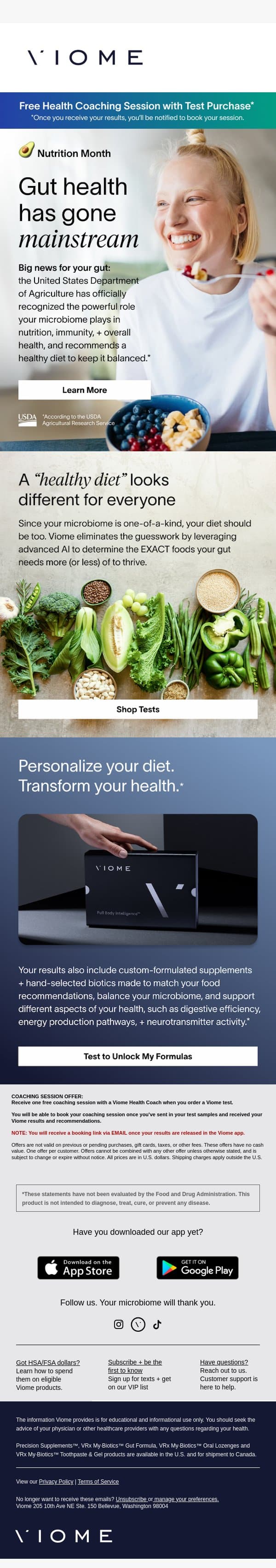 Microbiome health is now recognized by the USDA 👀 email from Viome screenshot