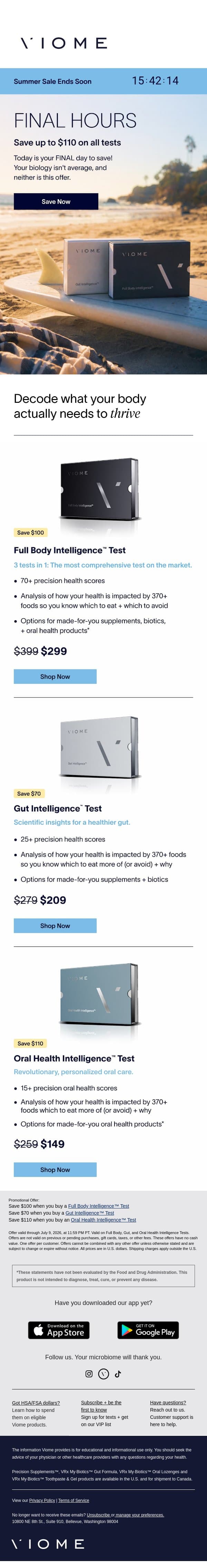 ⏳ FINAL HOURS: Up to $110 ends at midnight email from Viome screenshot