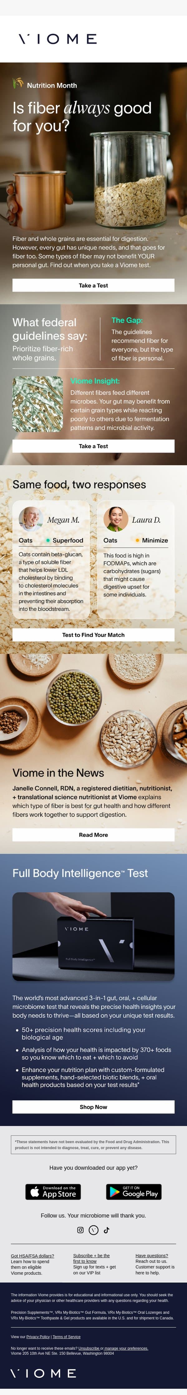 How does fiber affect YOUR gut? email from Viome screenshot