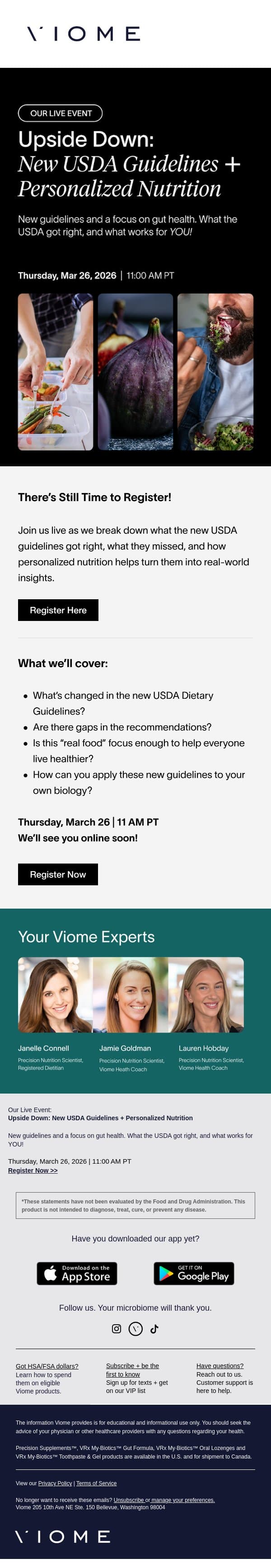 LIVE event! Register now for our chat about new USDA guidelines email from Viome screenshot