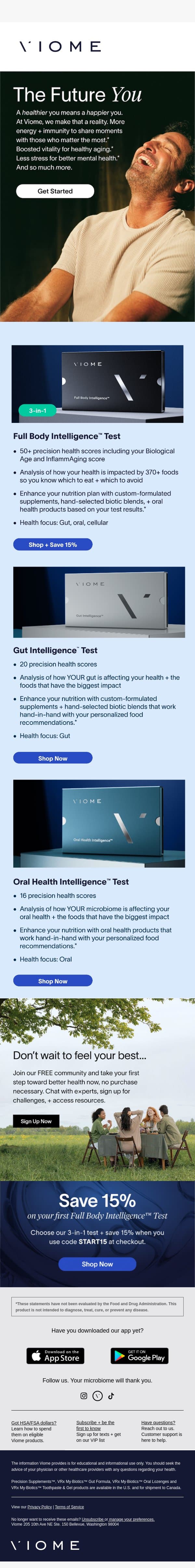 Get started and save 15% on our 3-in-1 test email from Viome screenshot