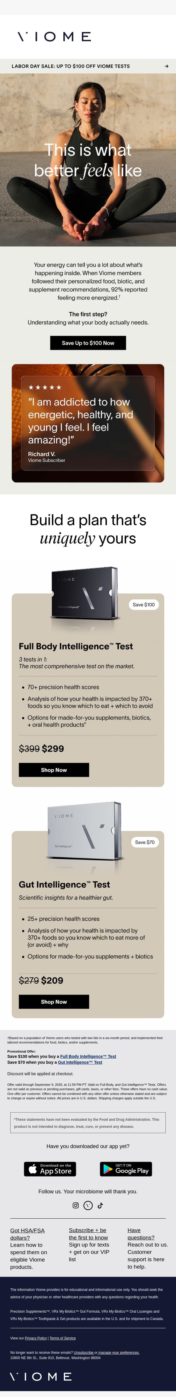 “I am addicted to how energetic and young I feel!” email from Viome screenshot