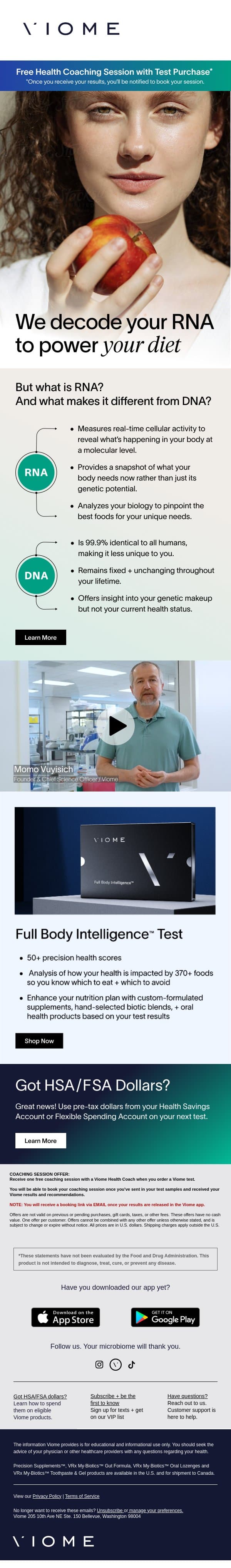 RNA vs. DNA: Why Viome is different email from Viome screenshot