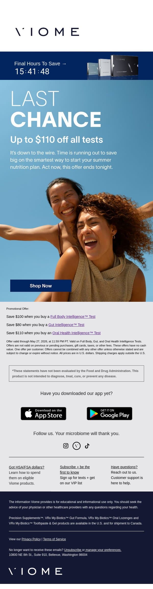 🚨 LAST CHANCE: Up to $110 off all tests email from Viome screenshot