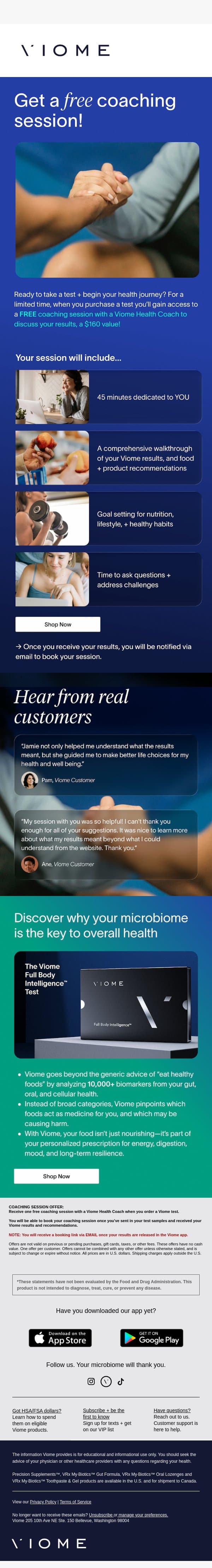 Exclusive offer: FREE 45-minute coaching session email from Viome screenshot