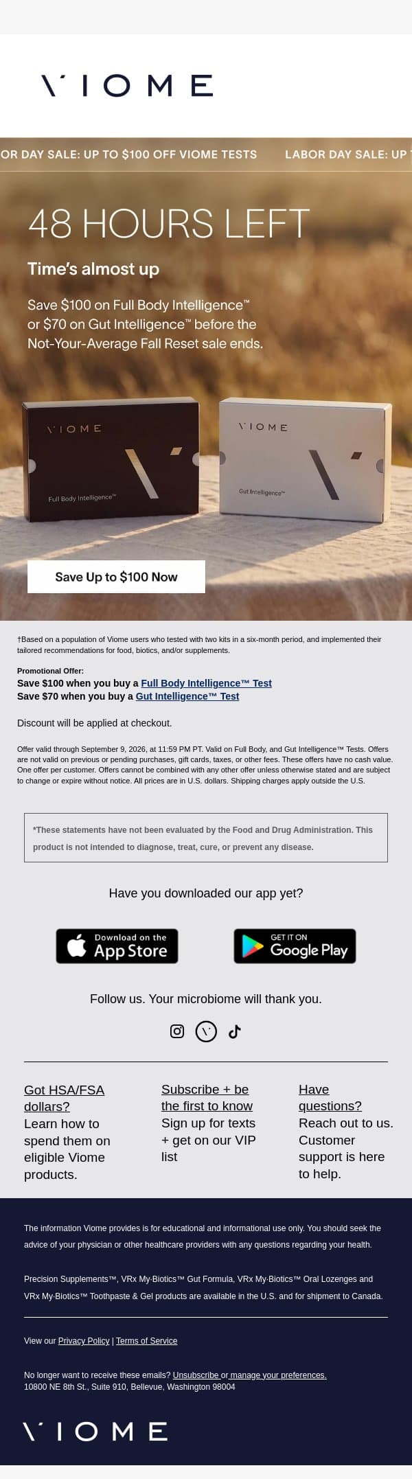 ⏰ Two days left to save up to $100 email from Viome screenshot