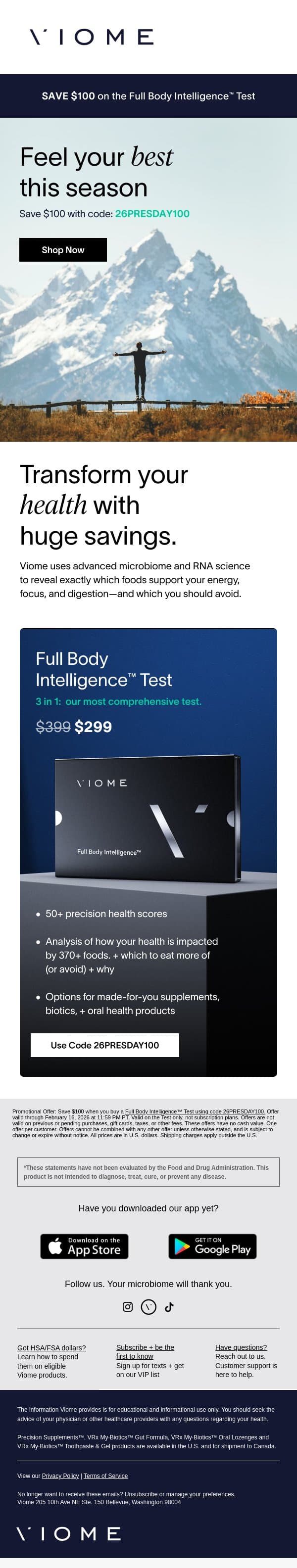 President’s Day Sale: $100 Off email from Viome screenshot