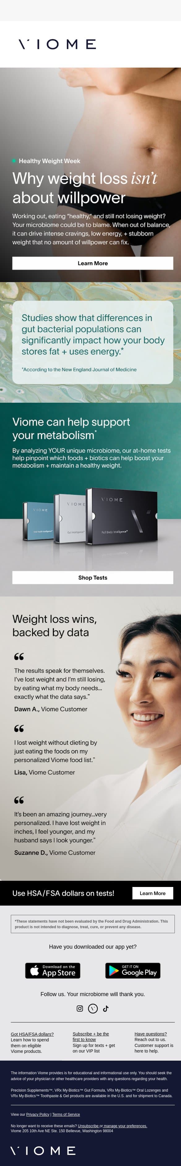 Users are losing weight by balancing their microbiomes 🔥 email from Viome screenshot