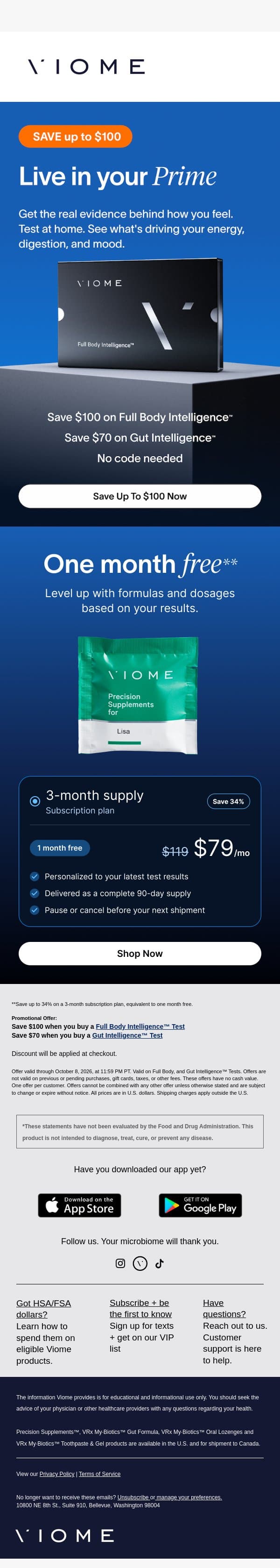 Save $100 plus FREE supplements: 2 days left email from Viome screenshot