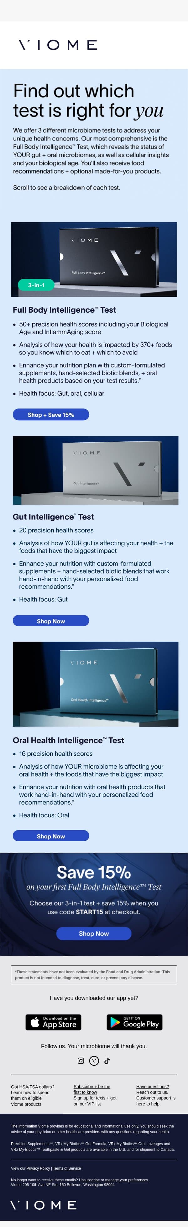 Find the test that fits your goals email from Viome screenshot