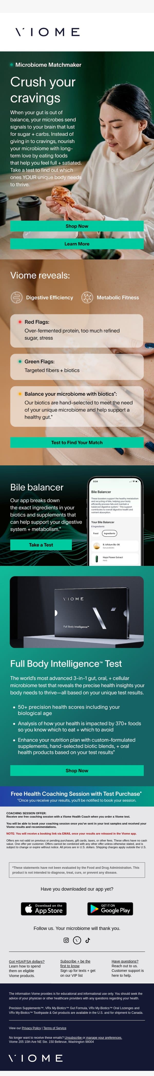 Crushing on sugar + carbs? We can help. ❤️‍🩹 email from Viome screenshot