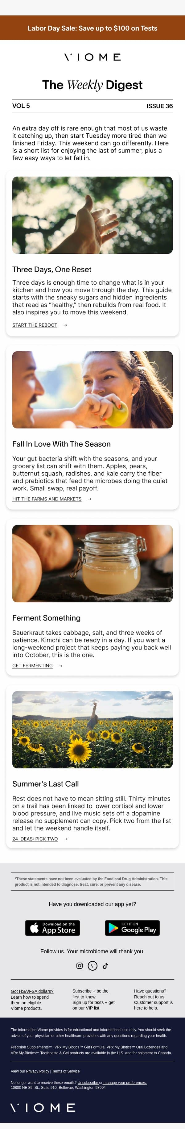Three days off. One easy reset. 🌻 email from Viome screenshot