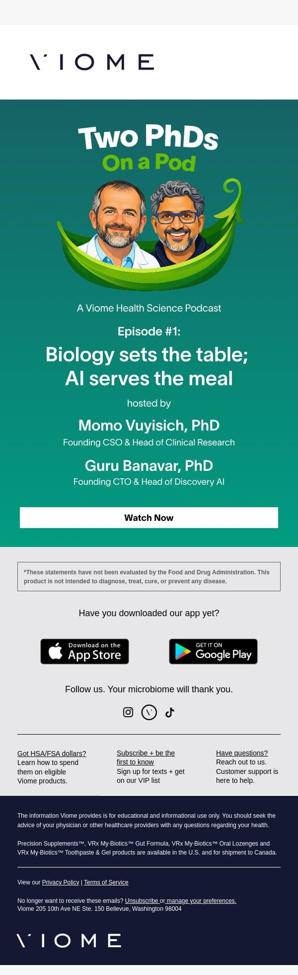 🎙️New Podcast Alert: Two PhDs on a Pod email from Viome screenshot