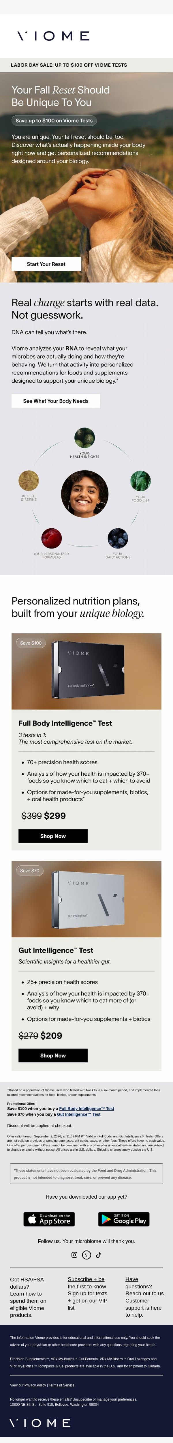 LABOR DAY SALE: Up to $100 OFF tests email from Viome screenshot