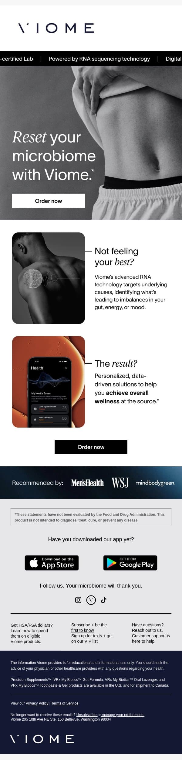 Better health starts here email from Viome screenshot