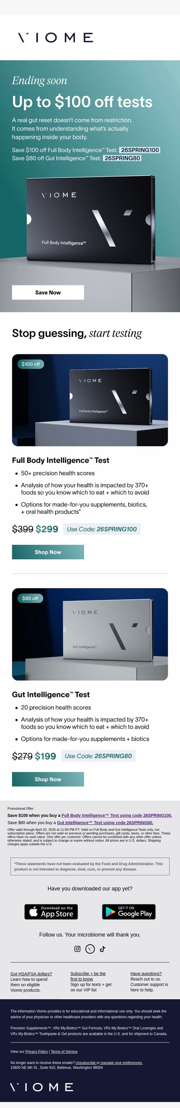 ⌛ Ending Soon: Up to $100 OFF Tests email from Viome screenshot