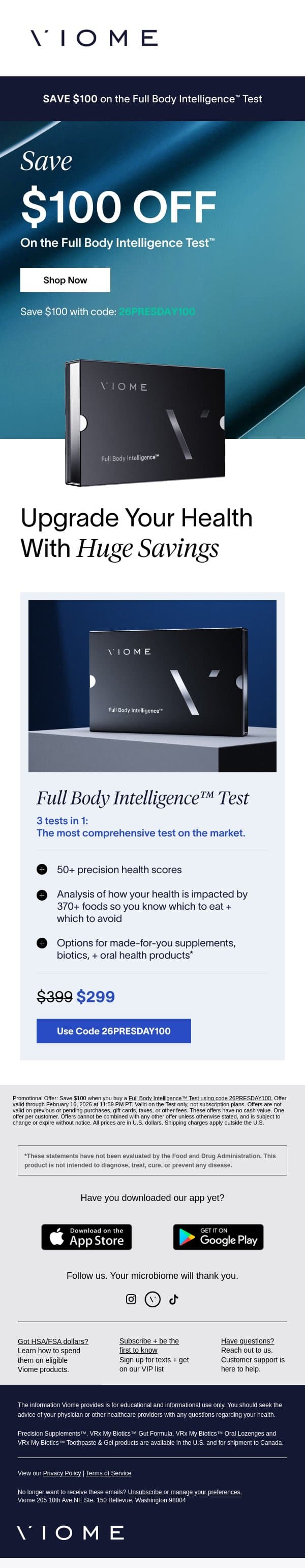 Last chance: Use code 26PRESDAY100 before it’s gone. email from Viome screenshot
