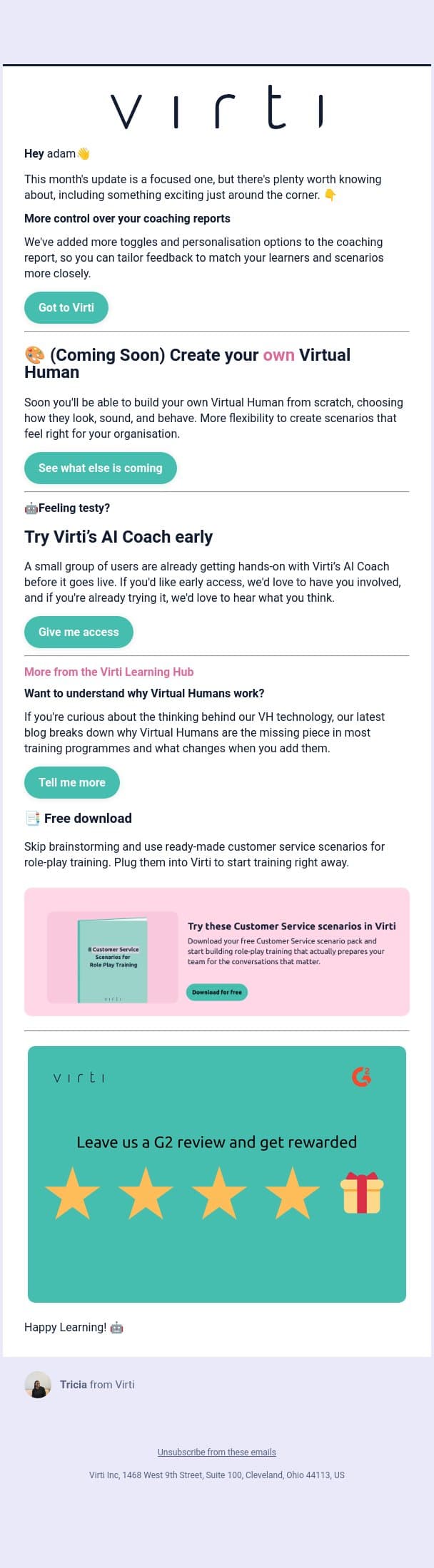 Its June, we know 😅, but here's what happened in May... email from Virti screenshot
