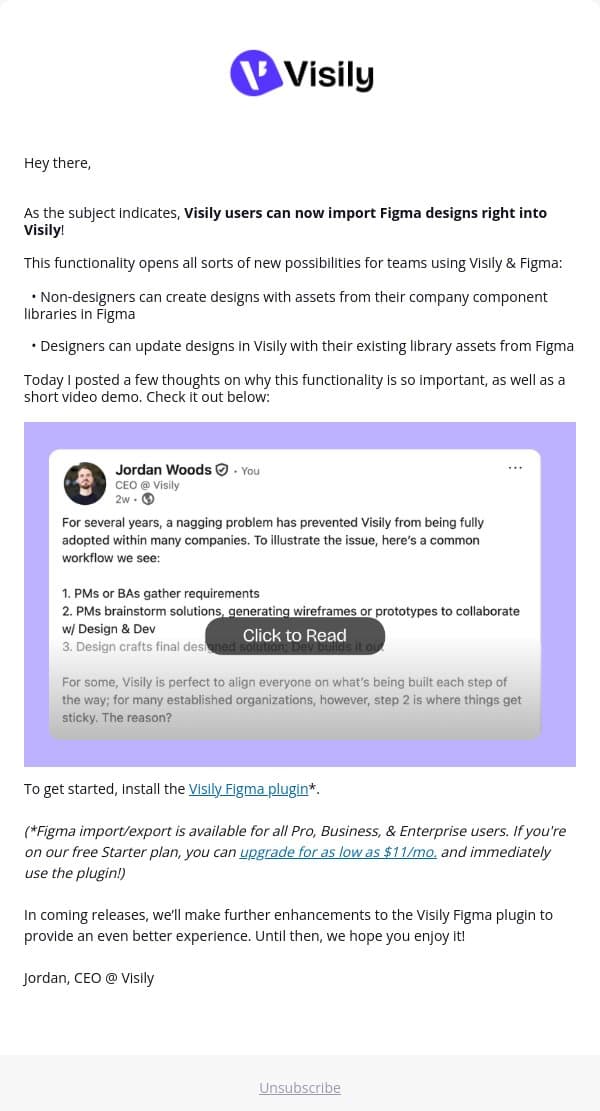 It's finally here...Import From Figma! ✨ email from Visily screenshot