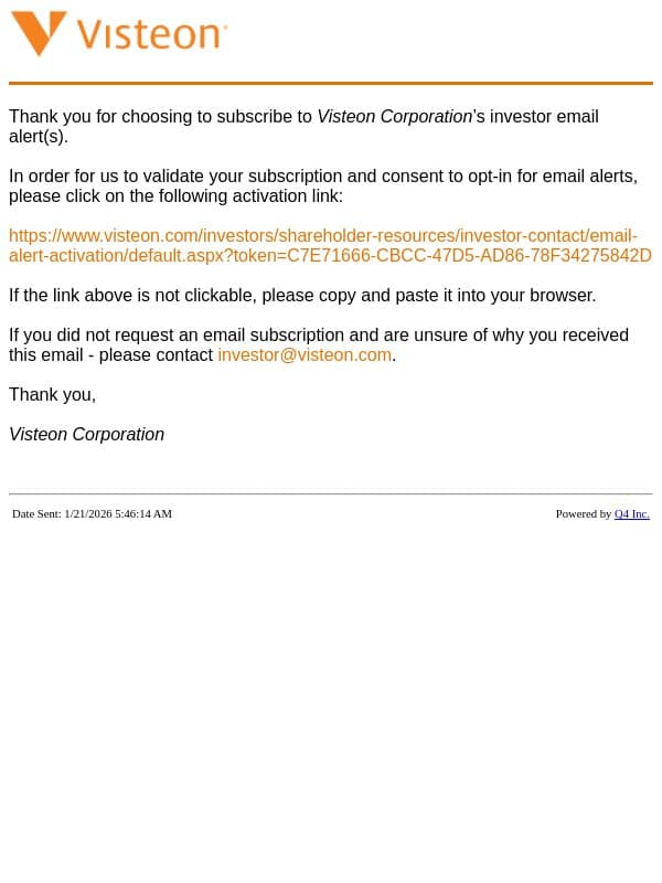 Visteon Corporation Website - Validate Account email from Visteon screenshot