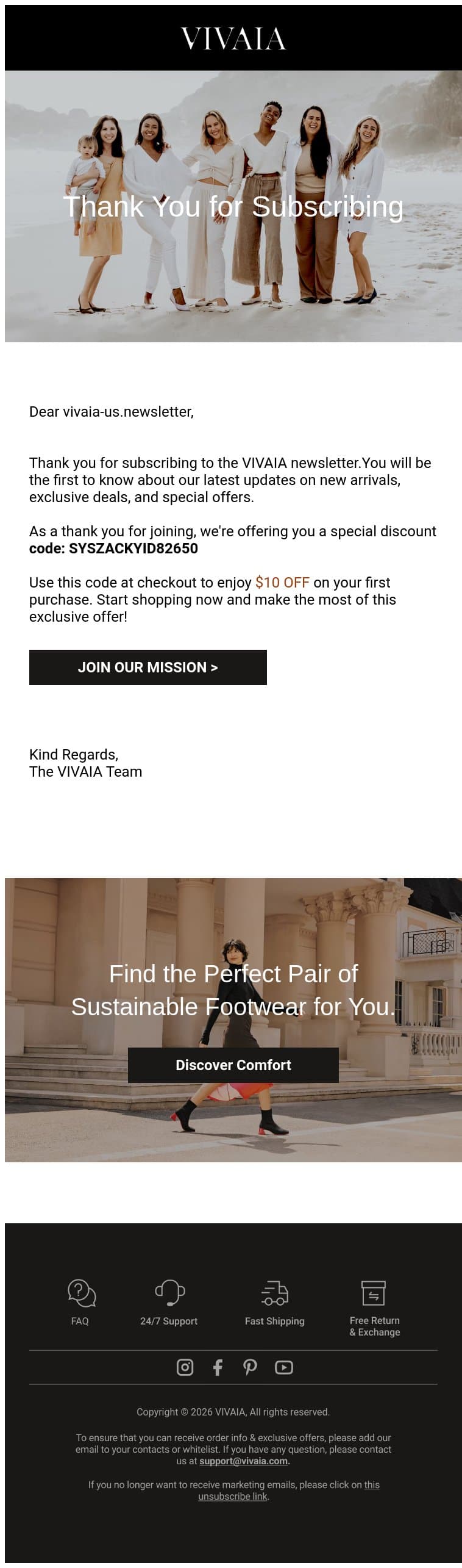 Thank you for subscribing to VIVAIA newsletter email from VIVAIA screenshot