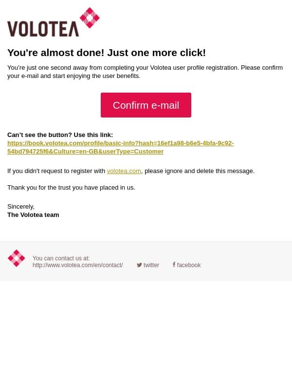 Confirm your e-mail in order to complete your registration in Volotea email from Volotea screenshot