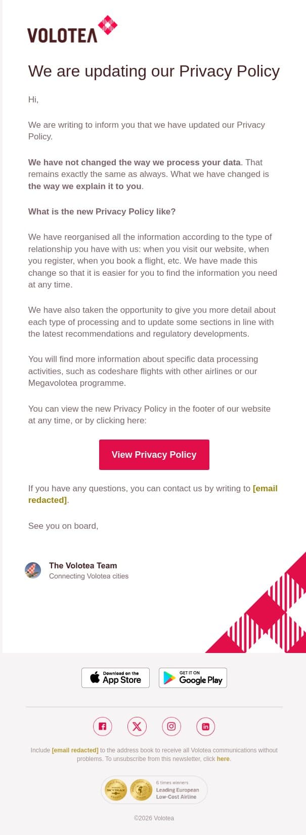 We are updating our Privacy Policy email from Volotea screenshot