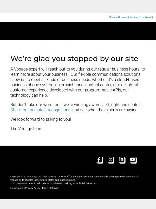 Thanks for contacting Vonage email from Vonage screenshot