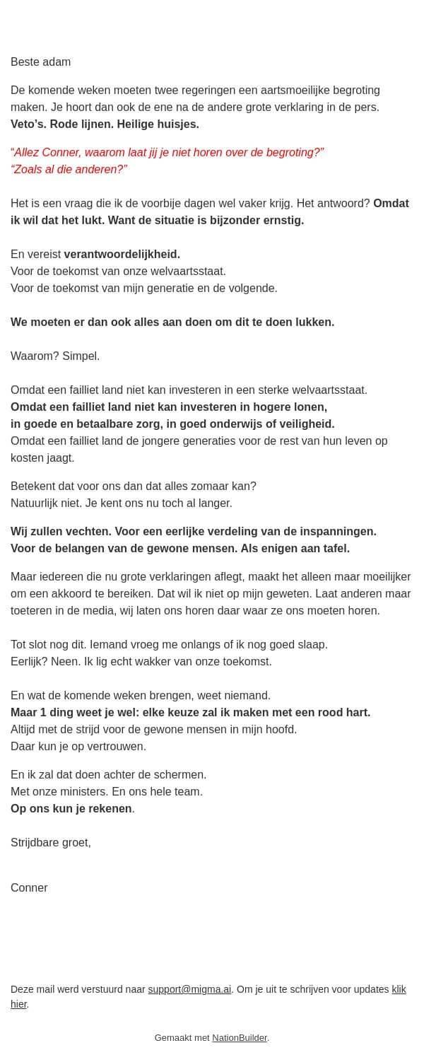 Over de begroting email from Vooruit screenshot