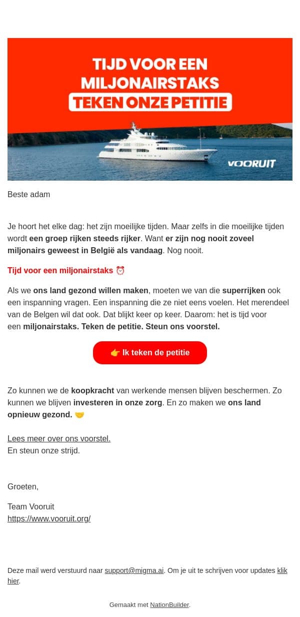adam, steun jij de miljonairstaks? 🤝 email from Vooruit screenshot